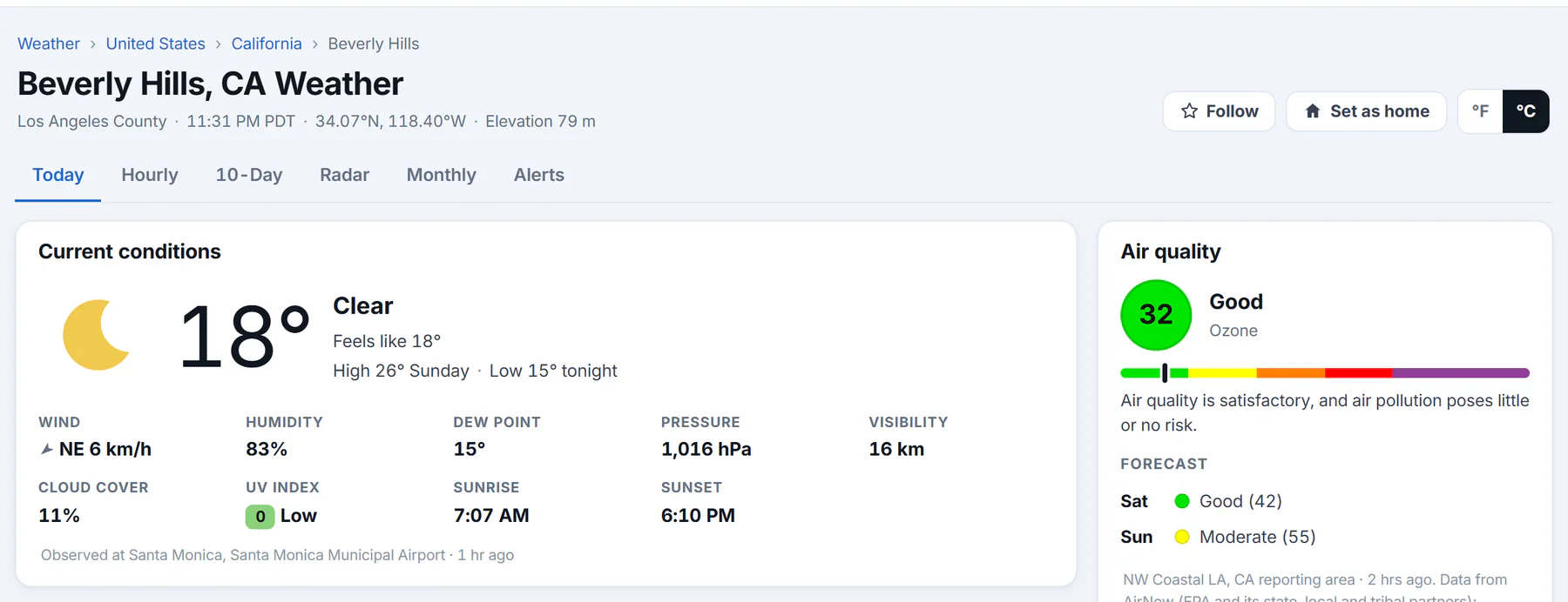 A place's page switched to Celsius: the degrees button on C, and the temperature, wind, pressure and visibility in metric units